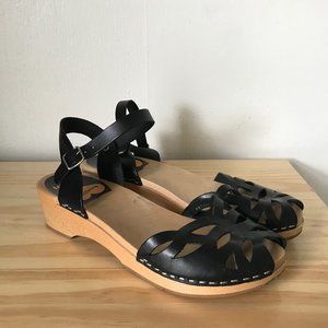 Swedish Hasbeens Black Leather Lacy Peeptoe Clog